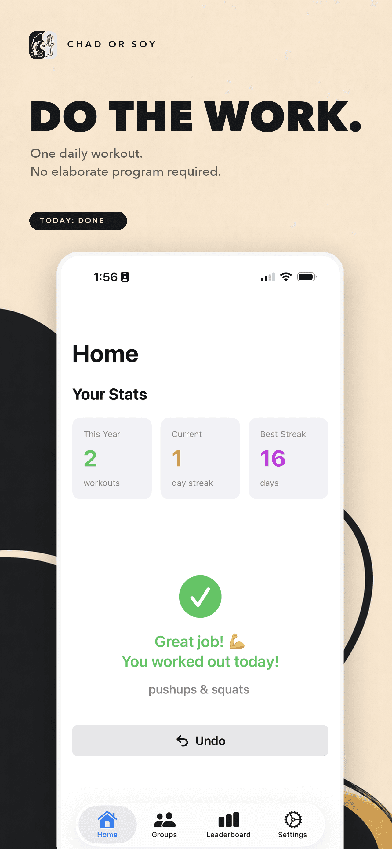 Chad or Soy home screen showing a completed daily workout